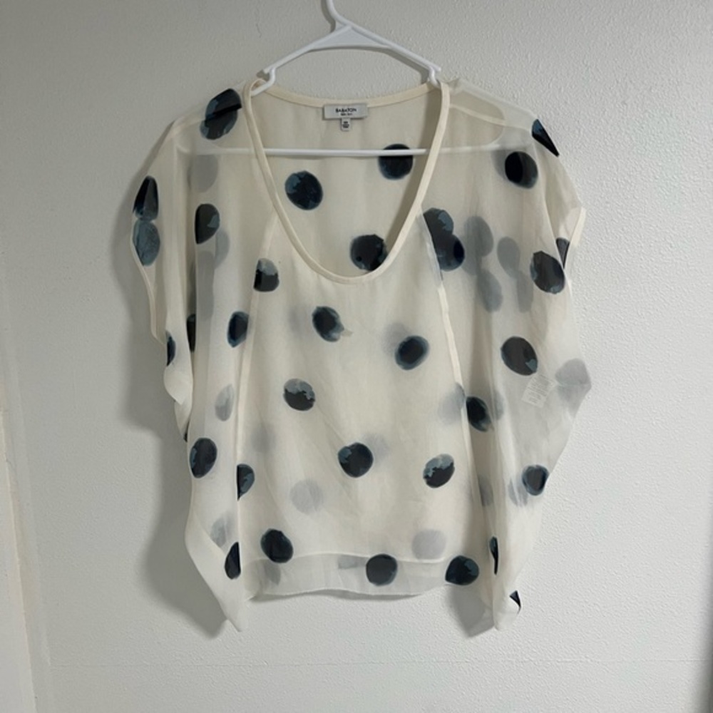 Aritzia Oversized Babaton 100% Silk Cream Blue Polka Dot Bat Sleeve Top XXS